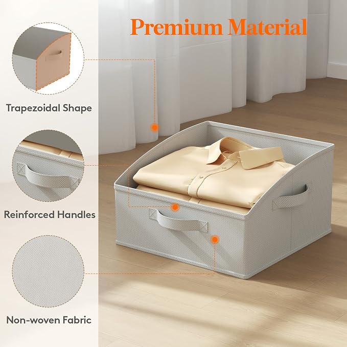 Lifewit Trapezoid Closet Storage Bin for Shelf, 6 Packs 16L, Light Gray | Non-woven Closet Organizer Baskets with Handles, Foldable Clothes Containers Boxes for Clothing, Book, Purse, Medium