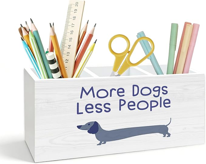 Funny Dachshund Pen Holder for Desk, Weiner Dog Gifts for Women Men, More Dogs Less People Wooden Box Pencil Pen Holder Organizer for Home Office Desk Accessories