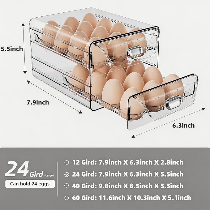 HIYOHIYO 2-Tier Clear 24 Grid Egg Container for Refrigerator, With Drawers | Large Capacity, with Time Scale Marking, Stackable, Sturdy Eggs Storage for Fridge and Countertop