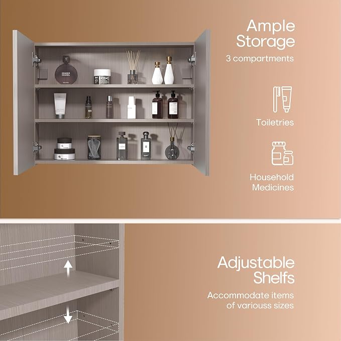 24x32 inch Bathroom Wall Cabinet, Saver Storage Cabinet, Medicine Cabinet with 2 Door and Adjustable Shelves, Grey（Assembly Required）