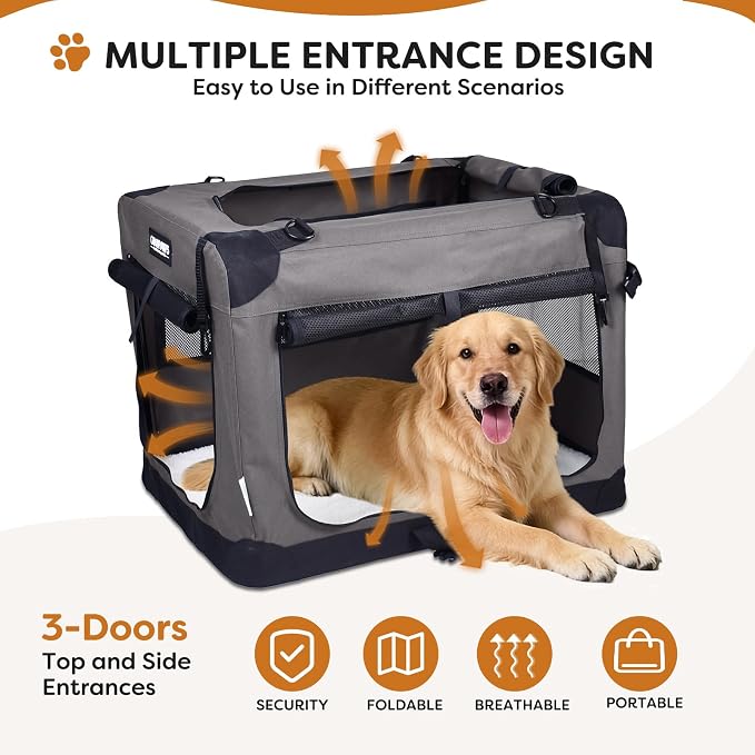 Jespet 3 Door Soft Dog Crates Kennel for Pets, Folding Travel Pet Carrier | 3 Mesh Doors 36'' Dog House, Locking Zipper, Easy to Install, Steel Frame, Removable Crate Pad, For Indoor & Outdoor Use