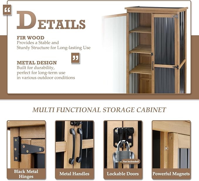 Outdoor Storage Cabinet with Shelves, Weatherproof Stylish Shed for Patio | Adjustable Shelf for Flexible Storage, Lockable Doors for Security, Raised Base, Wood & Metal, Fits Backyard, Garage & Garden