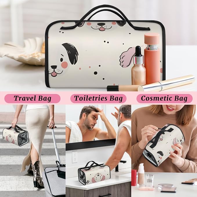 Puppy Dog Makeup Bag for Women Hanging Roll-Up Travel Organizer Toiletry Kit with 4 Removable Compartments, Cute