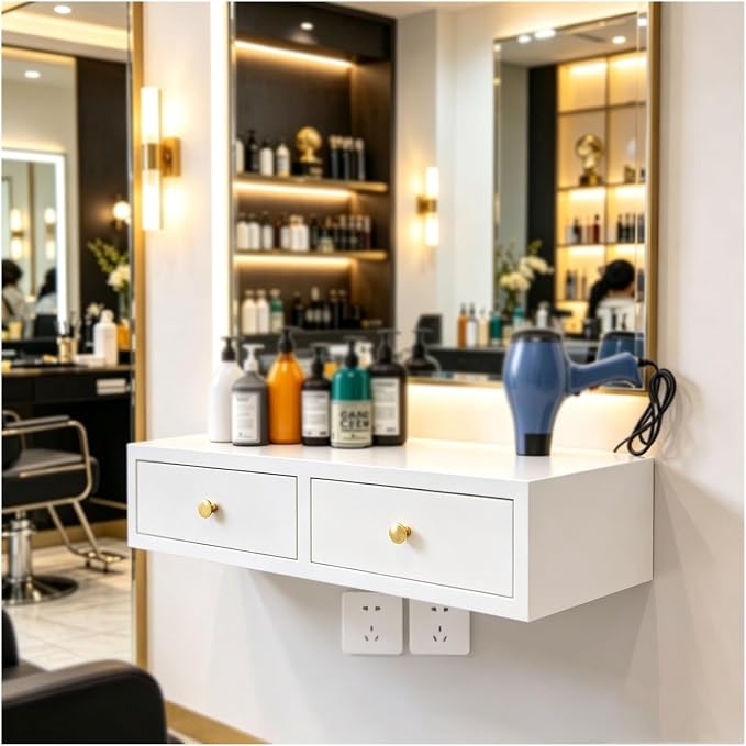 Hair Tool Organizer with Drawer, Floating Makeup Vanity, with 1 Hair Dryer Holders, Wall Mounted Salon Stations for Hair Stylist, Suitable for Multiple Scenarios(White,23.6x10.2x5.9in)