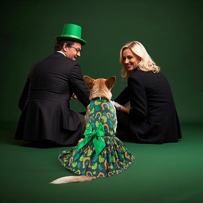 St. Patrick's Day Dog Costume Dress L, Green Clover and Horseshoe Print with Satin Bow, Pet Dress for 11-13 lbs Dogs and Cats, Festive Holiday Clothing