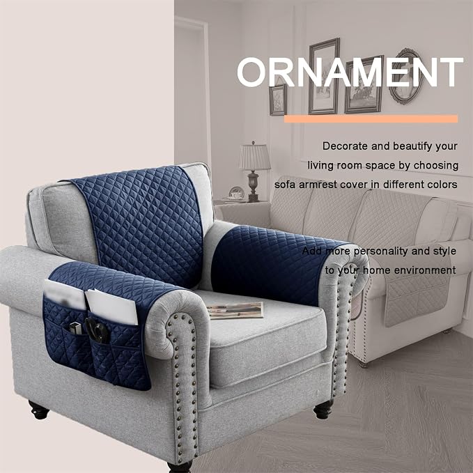 Water-Resistant Sofa Armrest and Headrest Covers with Side Pocket | Keep remotes close quilted polyester helps guard against wear, pet scratches, and kids' messes silicone backing adds grip