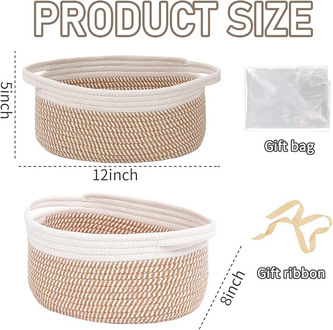 JMvicyroam Small Woven Basket, Empty Gift Basket, White&Brown Block/1 Pack | Small Gift Basket, Cotton Rope, 12 x 8 x 84 in, Handles, Includes Ribbon and Bag, Birthday Gift Basket