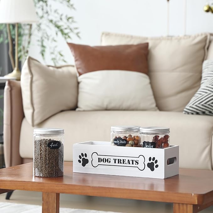 Dog Treat Container Pet Organizers and Storage with 3 Jars Doggie Snack Storage Cat Treat Holder for Countertop Dog Food Storage Cabinet Farmhouse Decor Gift with Reusable Sticker & Marker