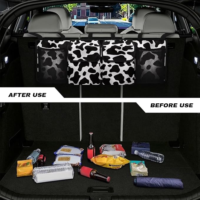 Dust-Proof Back Seat Organizer - Heavy-Duty Trunk Storage with Adjustable Straps, Cow Print Car Organizer for Truck Sedan SUV