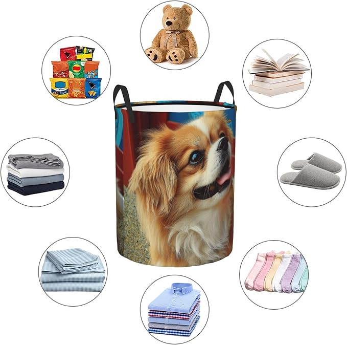 Sweet pet illustration,aesthetic laundry basket 13.8x16.5 inch 38L | Portable clothing storage basket，foldable with handle, very for laundry rooms, bathrooms, student dormitories, home bedrooms
