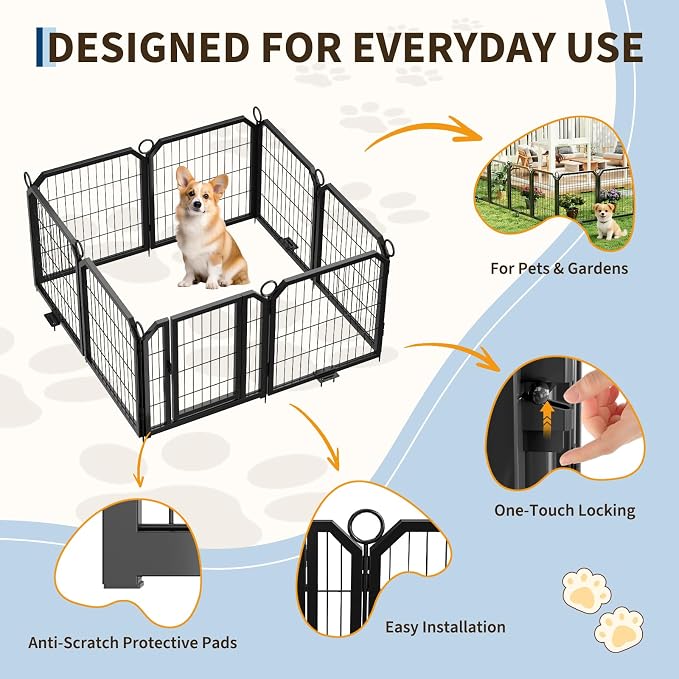 8 Panel Heavy Duty Anti-Rust Metal Dog Playpen, Foldable Portable Pet Exercise Fence with Lockable Gate, Indoor Outdoor Puppy Containment Pen for Small Medium Dogs, Ideal for Yard, Garden