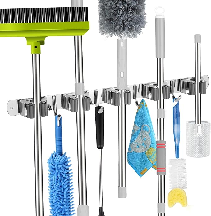 voze [2 Pack] 5 Racks and 4 Hooks Mop and Broom Holder Wall Mount, Self Adhesive Heavy Duty Broom Organizer Storage Tool Racks for Kitchen Garden Laundry Garage, 304 Stainless Steel, Silver