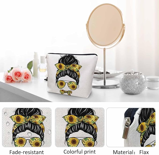 Women Makeup Organizer Bag Sunflower Woman, Messy Bun Woman Sunflowers Glasses Flax Cosmetic Bag Makeup Bags Toiletry Bag Accessories Organizer Travel Bags For Home Bathroom Office Hotel Gym