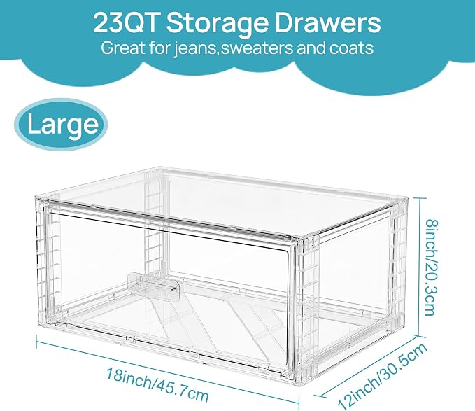 Vtopmart 3 Pack Large Clear Stackable Storage Drawers 23QT | Easily Assemble Plastic Closet Storage Bins, Dust-Proof UnderBed Organizer for Clothing, Sweater Organization