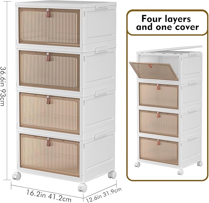 YFXCVSL 4 Tier Plastic Storage Bins with Lid 32QT, Stackable Storage Bins | Plastic Storage Bins with Wheels, Folding Storage Boxes, Organizers and Storage for Living Room,Office,Dorm