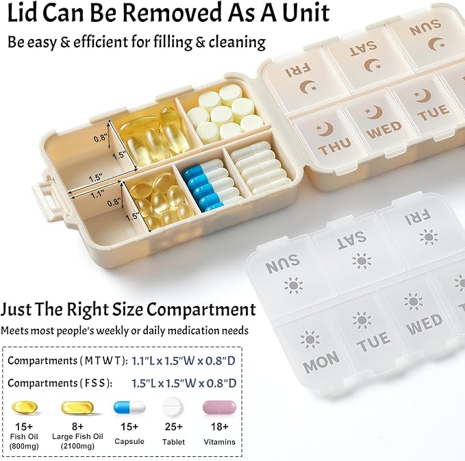 Compact & Foldable Weekly Pill Organizer 2 Time a Day, 7-Day AM PM Pill Box | Large Capacity, Dual Protection, Etched Labels- Week Daily Travel Vitamin Case Holder, Supplement Fish Oil Medicine Dispenser