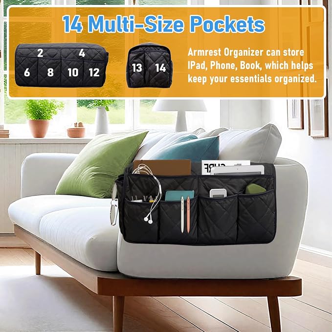 Armchair Caddy, Remote Control Holder for Recliners, Sofa Armrest Organizer, Non Slip Recliner Organizer, Couch Caddy with 14 Pockets Storage for TV Remote, Phone, Magazine (Black)