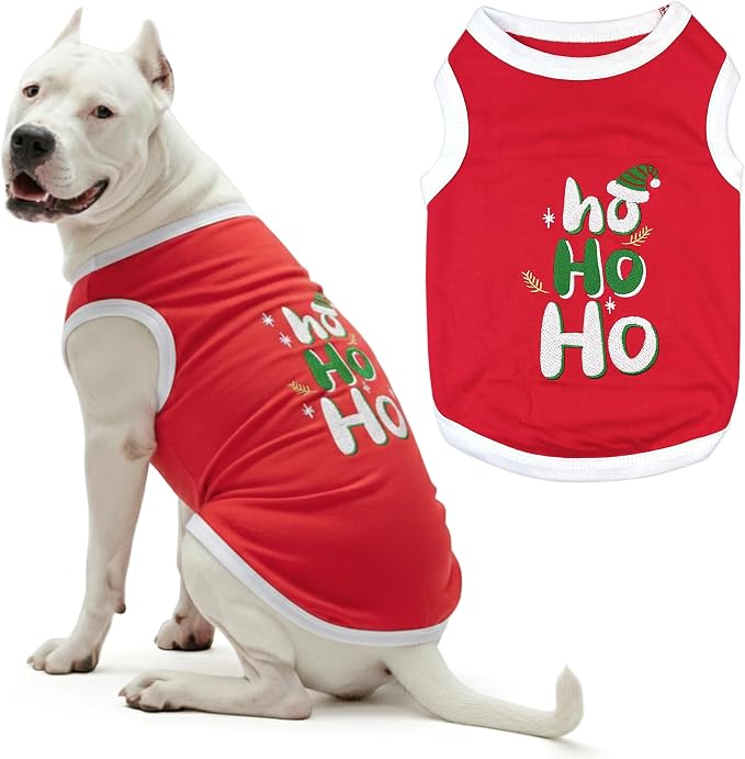 Parisian Pet Red Dog Tshirt - Embroidered “ ho Ho Ho “ Dog Christmas Shirt - Lightweight 100% Cotton Shirt - Sleeveless Clothes - Machine Washable Dogs Vest - Shirts for Large Dogs - 4XL