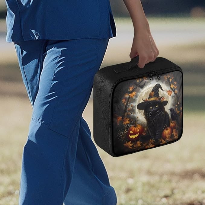 Halloween Witch Cat First Aid Case Empty Veterinary Medic Bag for Animal Clinics and Pet Owners Includes Secure Zipper Compartments