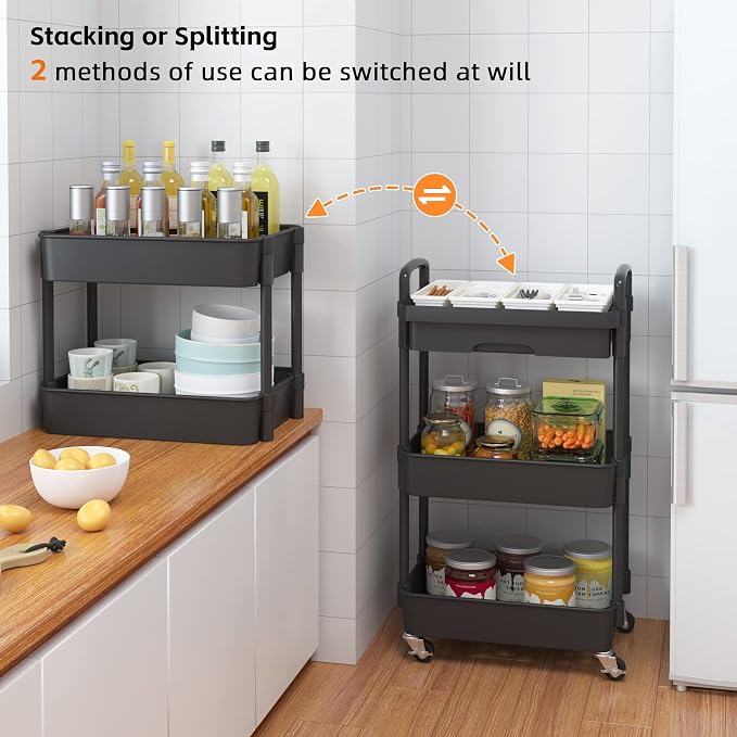 Calmootey 3-Tier Utility Cart with Drawer & Wheels, Storage for Home,Office | Space-Saving Organizer, Sturdy Plastic Shelves, Smooth-Rolling Metal Wheels, Built-in Drawer for Small Items, Black