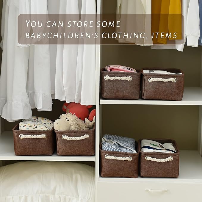 Storage Basket for Organizing - 12x8x5 inch Small 6 Pack Collapsible Storage Bin for Shelves with Handles, Canves Storage Box for Cloth Closet Organizer Gift Toy (Brown)