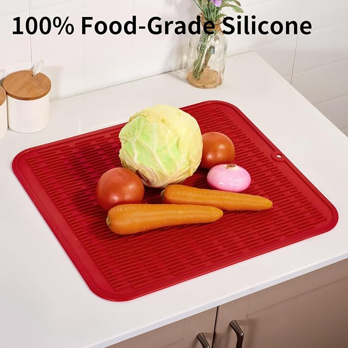 ZLR Oversized Silicone Dish Drying Mat for Kitchen, 16"x18", Lava Red | Family-Size Drainboard for Pots & Pans, Thick 4mm No-Curl, Heat-Resistant Trivet to 450°F, Non-Slip, Rolls to Store