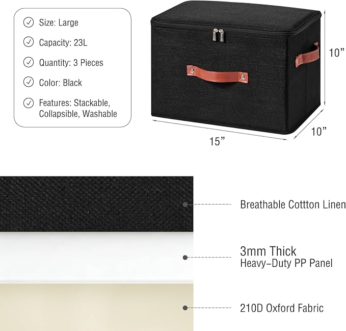 3PCS Storage Bins Boxes with Zippered Lid Decorative Baskets | Cotton Linen Fabric, Washable Foldable Stackable Clothes Container, Closet Shelf Organizer w/ PU Leather Handles, Black-Large