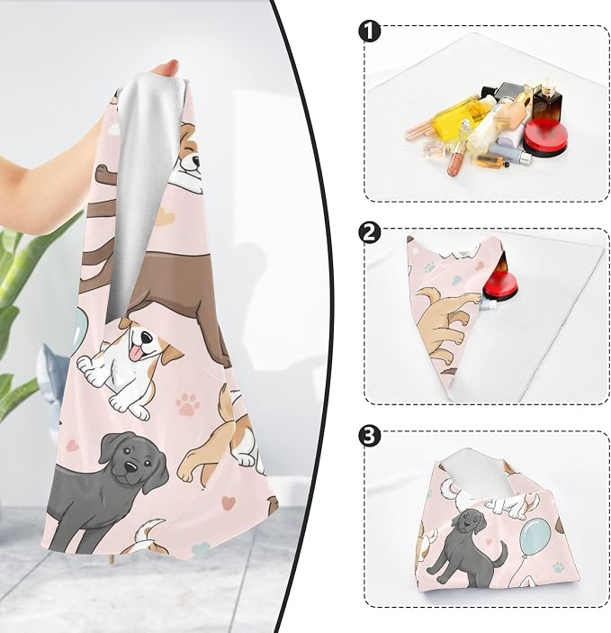 Emelivor Cute Pets Dogs Pink Print Self-Adhesive Magic Cloth Makeup Bag Portable Cosmetic Bag for Travelling Protective Wrap for Camera Laptop Sleeve Cover for Travel Cosmetics, 13.8x13.8in
