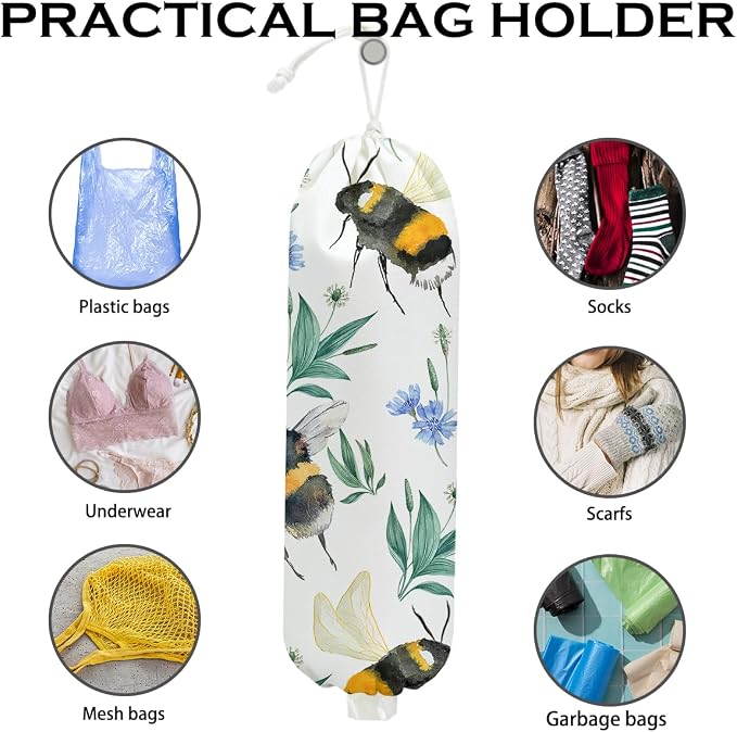 2Pcs Bee Plastic Bag Holder, Wall Mount Grocery Bag Holder for Plastic Bags, Sunflower Reusable Grocery Bags Storage Dispenser for Home Kitchen Pantry Decor, Sunflower Gifts for Women Mom