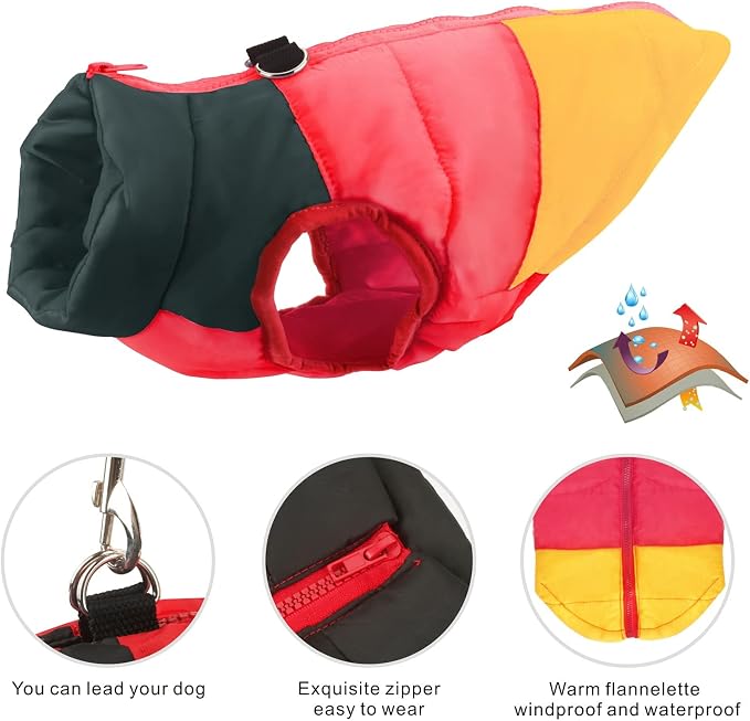 Idepet Pet Dog Cat Coat with Leash Anchor Color Patchwork Padded Puppy Vest Jacket Teddy Chihuahua Costumes Pug Cloth XS S M L (Medium (Pack of 1), Yellow)
