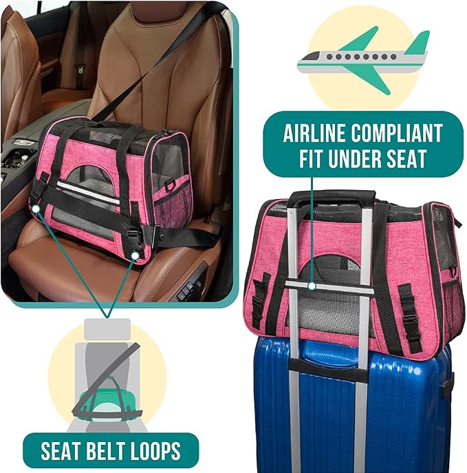 PetAmi Airline Approved Pet Carrier for Cats Small Dogs, Large Heather Pink | Soft Sided TSA Travel Bag, Sherpa Bed, Breathable Mesh Ventilation, Collapsible Bowl, Fits Under Seat, Up to 18 lbs