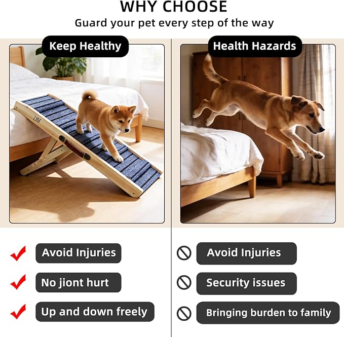 ZJSF Foldable Wooden Dog Ramp for High Bed, Dog Stairs for Small Dogs, High Traction Platform with 4 Adjustable Heights (5"-20.5"), 31.5" L, Supports up to 70 lbs,Small Size for Puppies