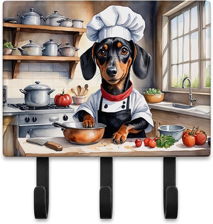 Caroline's Treasures Dachshund The Chef Leash or Key Holder Wall Hooks, Key Hooks Holder, Coat Rack Wall Mount, Coat Hooks, Hooks for Hanging Keys, Towels, Aprons, Leashes | Dachshund The Chef artwork on ceramic tile with three steel hooks for keys, le...