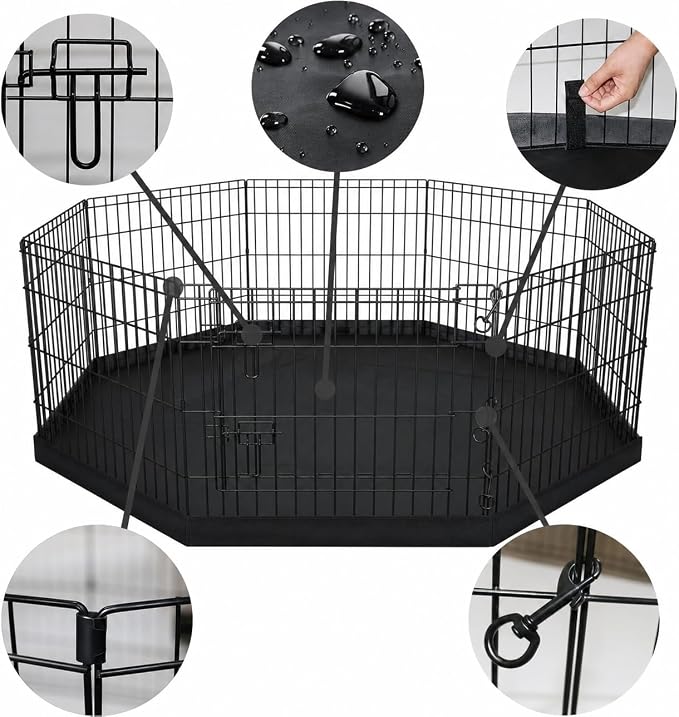 Peekaboo 24-Inch Dog Playpen, 8-Panel Rustproof Pet Fence with Bottom Pad | 24 Inch 8 Panel Foldable Rustproof Black Metal Dog Playpen with Octagonal Waterproof Bottom Cover