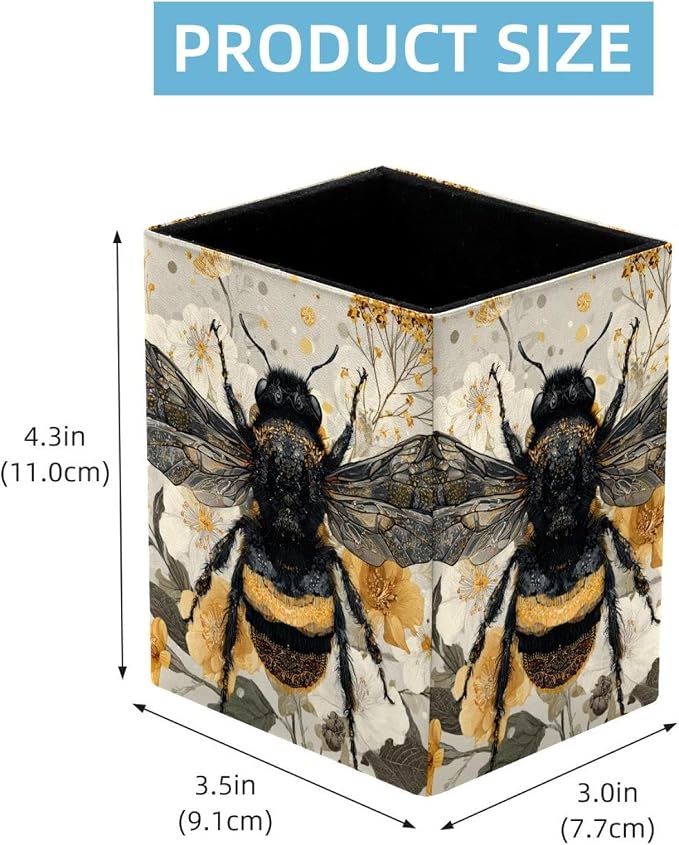 Cute Bee Pen Holder for Desk Decor, Rectangular PVC Leather Pencil Cup for Desk Pen Organizer, Makeup Brush Holder for School, Home, Office