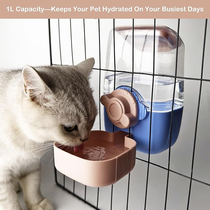 Rabbit Water Bottle, 34oz Pet Hanging Water Dispenser, Cat Water Feeder for Small Animal Ferret Guinea Pig Chinchilla Small Dog Cage Grid Spacing 1.2''-2.1'' (Blue&Pink)