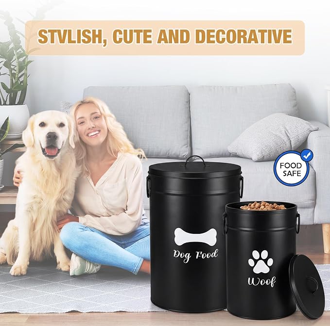 DoubleFill Extra Large 30+14 lb Metal Dog Food Storage Containers, Black | Airtight Dog Treat Snack Jars with Lids and Spoon, Farmhouse Style Big Pet Cookie Storage Bin for Kitchen Counter, Set of 2