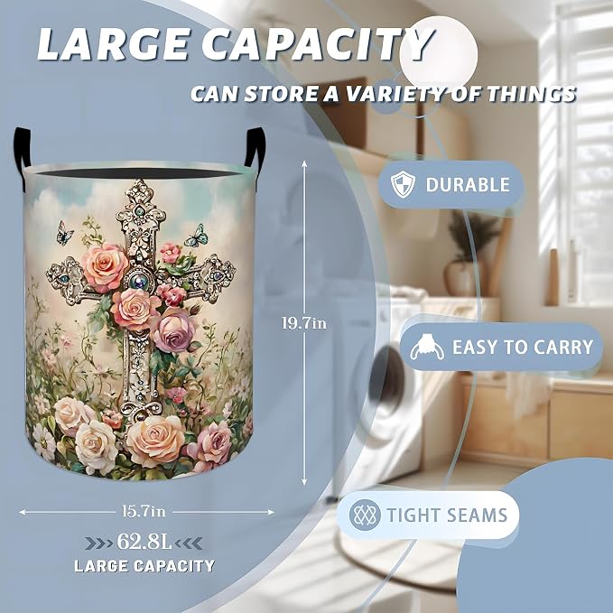 Retro Cross Floral Laundry Basket, Garden Flower Ornate Art Storage Hamper, Round Collapsible Waterproof Cloth Bin, 19.7x15.7 Inch Vintage Clothes Organizer Gifts for Bathroom Decor