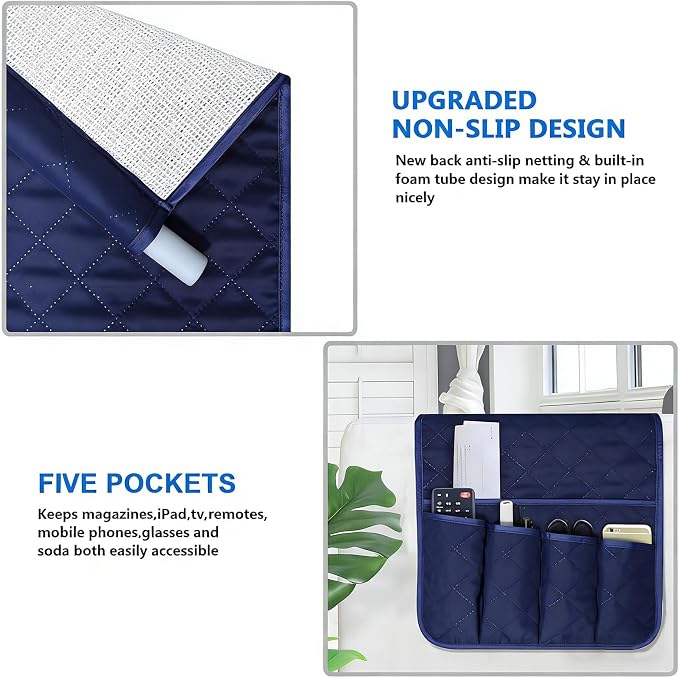 Armchair Caddy for Recliner, Non Slip Sofa Arm Organizer, Deep Blue | 5-Pocket Recliner Armrest Organizer, Couch Side Storage Holder for Remotes, Cell Phone, Magazines & Tablets, Machine Washable