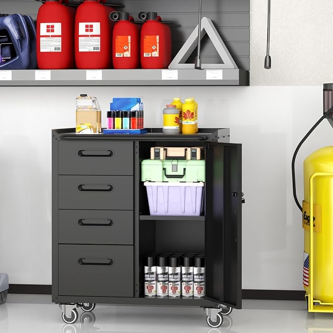 Mobile Tool Storage Cabinet with 4 Drawer and 1 Locking Doors | Heavy Duty Rolling Tool Cabinets for Garage,Metal Storage Cabinets Tool Cart on Wheels with Wheels,Assembly Required