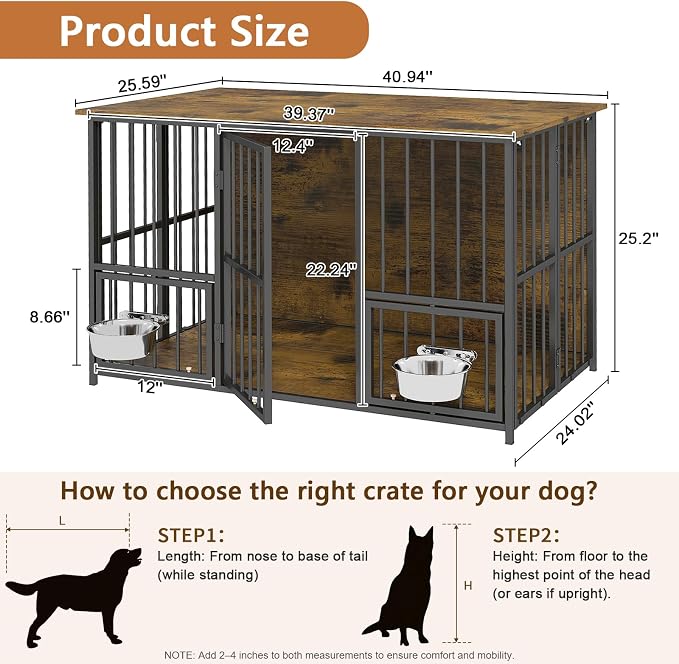Hadulcet 41'' Foldable Dog Crate Furniture, Large Dog Kennel with 2 Bowls | Wooden Crate Table with Storage Top, Furniture Style Indoor Kennel for Small to Large Dogs with Rotating Food Door, Brown