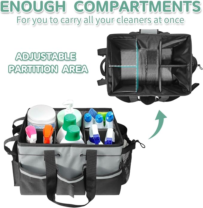 Boczif Cleaning Caddy Bag Wearable,Cleaning Caddy Supplies Organizer (Grey) | with Handle, Shoulder Straps & Detachable Divide, Cleaning Tool Organizers Tote Bag for Cleaners & Housekeepers
