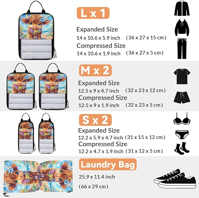 Cute Highland Cow 6 Set Compression Packing Cubes Watercolor Floral Expandable Packing Organizer for Travel Accessories Luggage Suitcase Bag