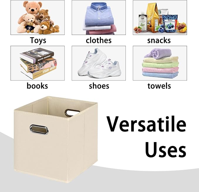Black Foldable Storage Cubes Bins , Fabric Storage Box Cubes Organizer Baskets with Dual Handles for Home Organizer(Creamy-White)