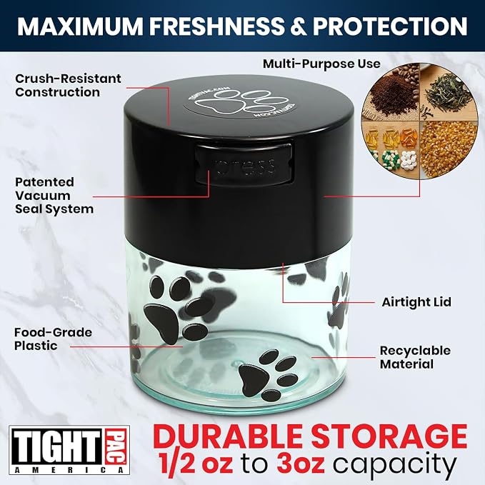 Pawvac 3 Ounce Vacuum Sealed Pet Food Storage Container; Black Cap & Clear Body/Black Paws