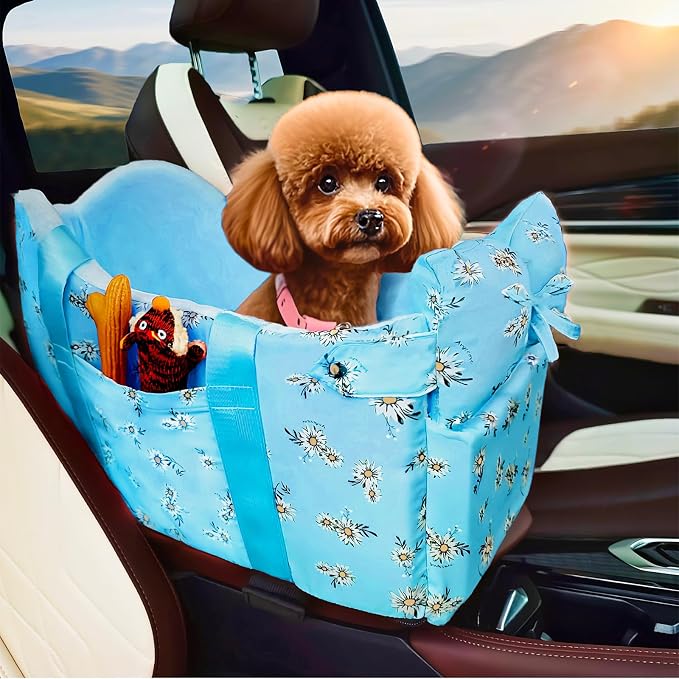 Console Dog Car Seat Up to 11lbs (Blue Daisy) | Portable Dogs Armrest Booster Seat for Small Dog, Anti-Collapse Pet Car Seat with Soft Cushion Safety Belt