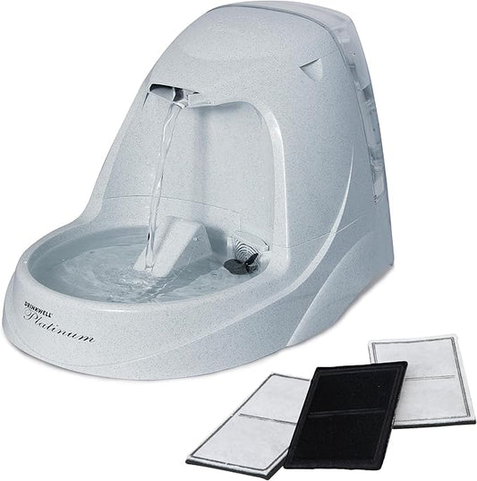 PetSafe Drinkwell Platinum Cat Water Fountain - Pet Fountain for All Pet Sizes, Encourages More Drinking, Includes Extra 3-Pack Replacement Carbon Filters, Indoor Use, Grey (168 oz/5L)