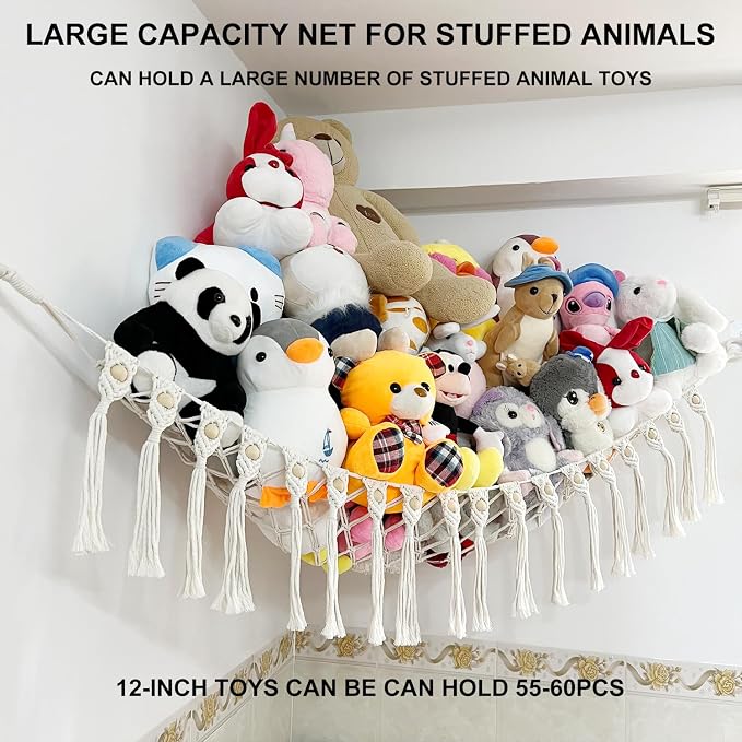 Large Stuffed Animal Net or Hammock, Boho Macrame Toy Hammock with LED Lights, Decorate Room Space Saving Pet Net for Stuffed Animals, Suitable for Nursery, Playroom, Kids Bedroom
