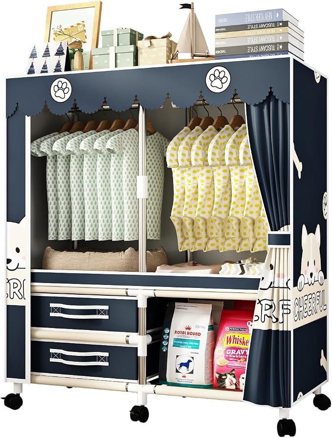 Large Portable Armoire Wardrobe Closet with 4 Hanging Rods and Lockers,Metal Storage Wardrobe Clothes Rack with Dust Cover for Clothes,16.7 in Wide,Bedroom,Gray (Navy Blue, 33.5 in)