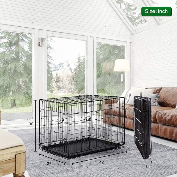 BestPet | Dog Crate | 42" | Black | Foldable Metal Kennel with Double Doors | Secure Slide-Bolt Latches, Leakproof Tray | Portable Dog Cage for Large Breeds | for Travel, Indoor & Outdoor Use